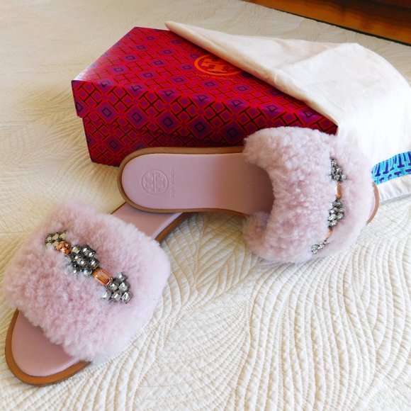 Tory Burch Shoes - New Tory Burch Aspen Shearling sandals Sea Shell pink crystal embellished slides